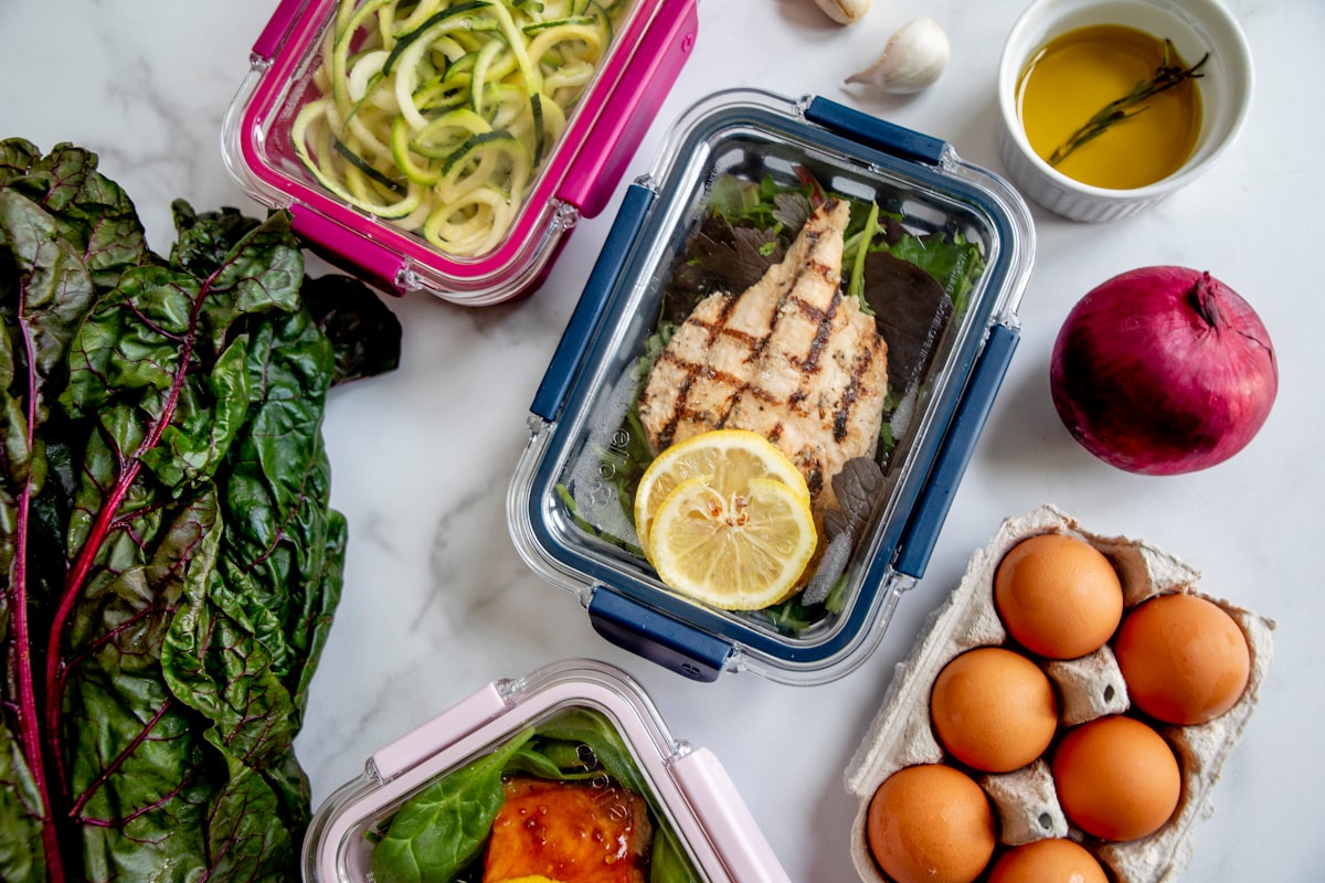 Protein sources including fish, eggs, and legumes
